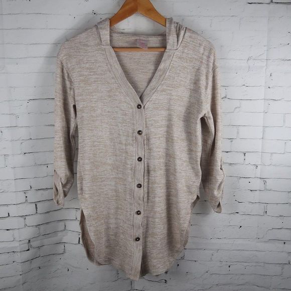 No Boundaries Other - NO BOUNDRIES TAN HEATHER KNIT BUTTON DOWN HOODED/HOODIE BEACH COVER UP SIZE XS